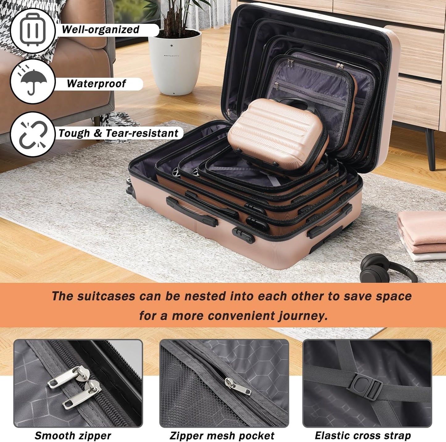 Merax Luggage Set 6 Piece, Hardshell ABS Suitcases with 8 Silent Spinner Wheels, Durable and Lightweight Travel Luggage for Family Trips, Champagne