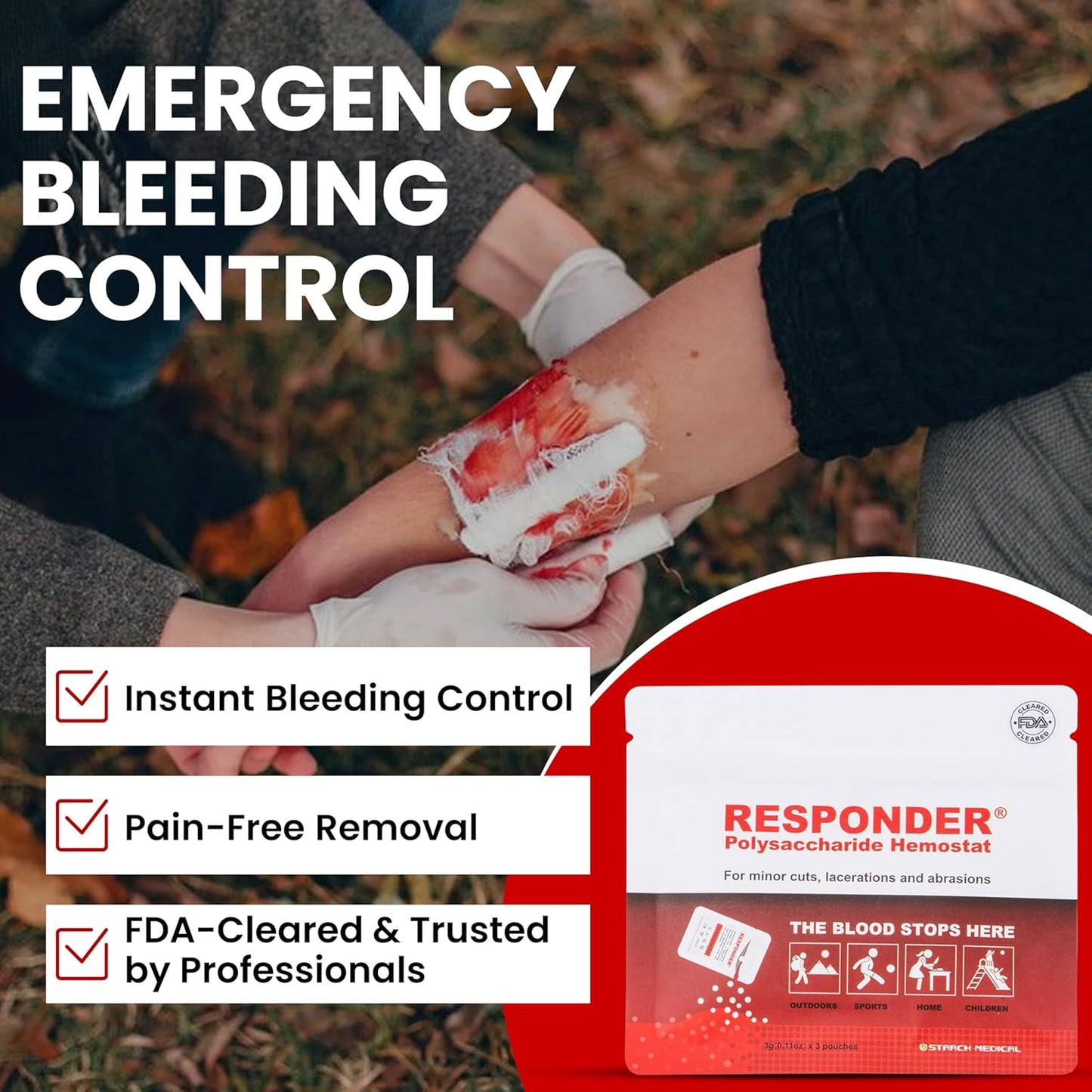 Responder First Aid Powder- FDA Cleared for Use in First-Aid Situations,Plant-Based, Instantly Stops Bleeding - Essential for Camping Safety, Survival Equipment