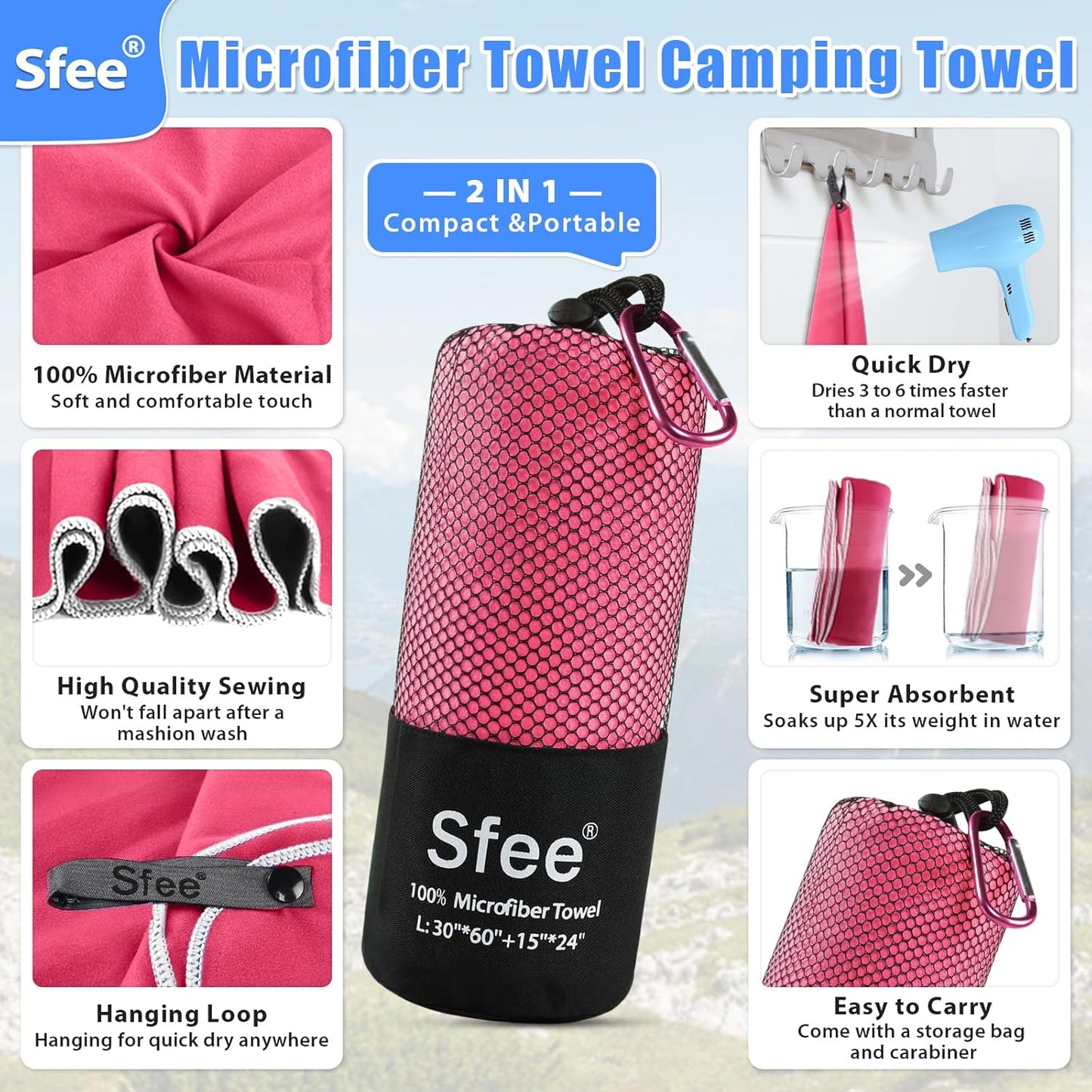 Sfee 2 Pack Microfiber Travel Towel, Quick Dry Towel Camping Towel Large Beach Towel Super Absorbent Compact Lightweight Sports Gym Towels for Gym, Hiking, Pool, Backpacking, Bath, Yoga