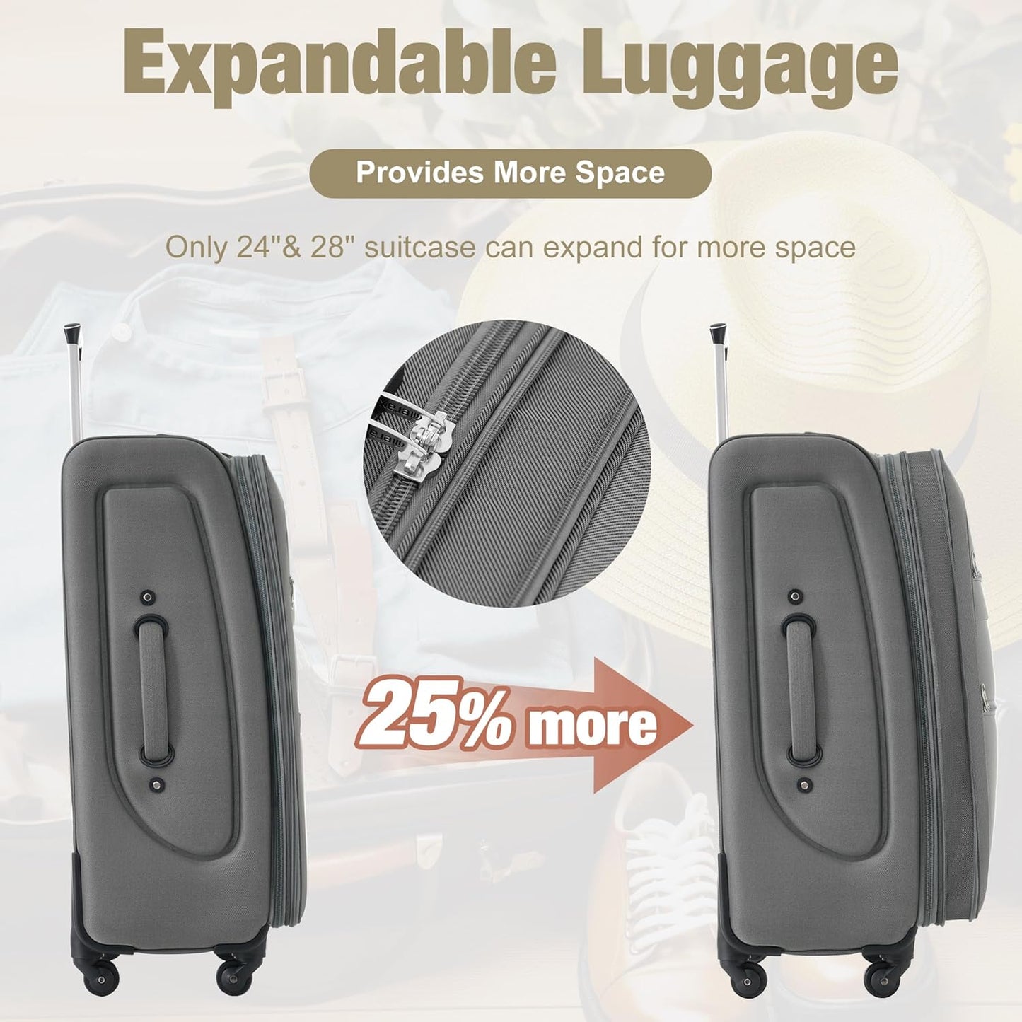 Merax Softside Luggage Set 3 Piece Suitcase with Duffel Bag Spinner Wheels Lightweight Expandable Travel Luggage 22" 26" 30",Grey