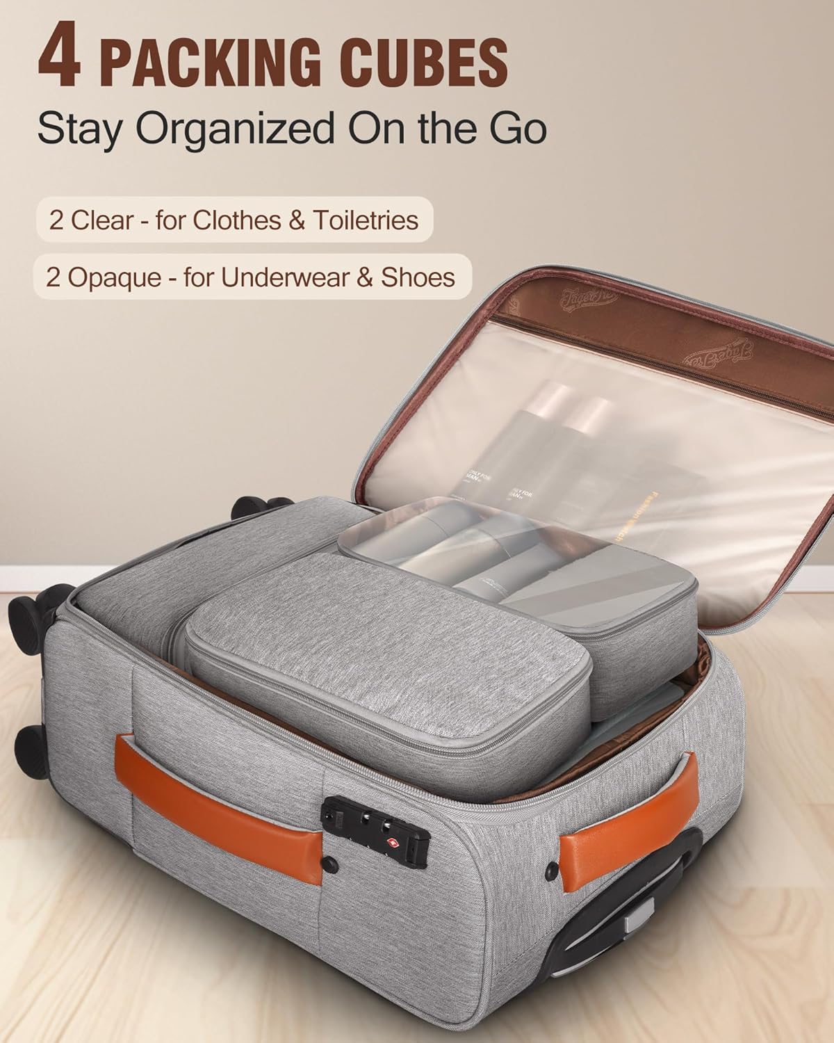 Carry On Luggage 22x14x9 Airline Approved, 20 Inch Softside Suitcase with 4 Pcs, Lightweight Luggage for Women Men with TSA Lock and 4 Spinner Wheels, Soft Side Carry-on Suitcases for Travel, Grey