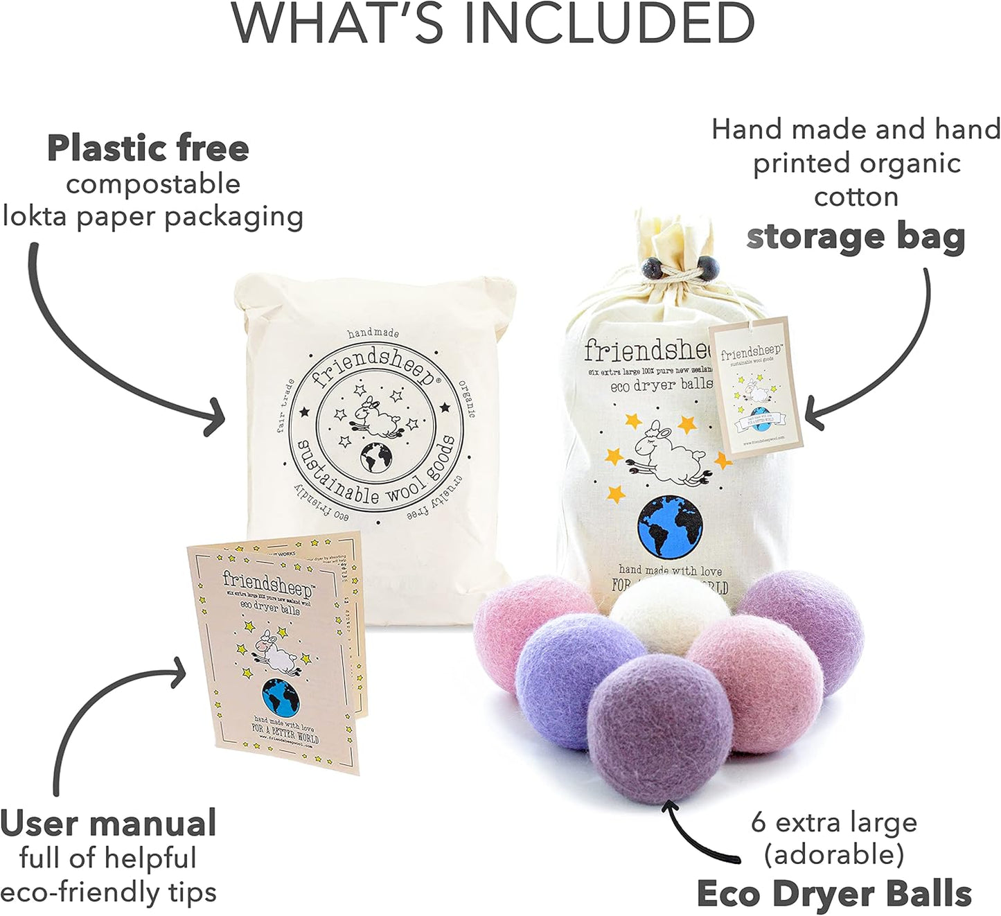 Friendsheep Wool Dryer Balls, Organic Reusable Fabric Softener Alternative for Laundry, Handmade, Fair Trade, Hypoallergenic, Eco-Friendly, Plastic-Free (6 Pack XL - Lavender Bliss)