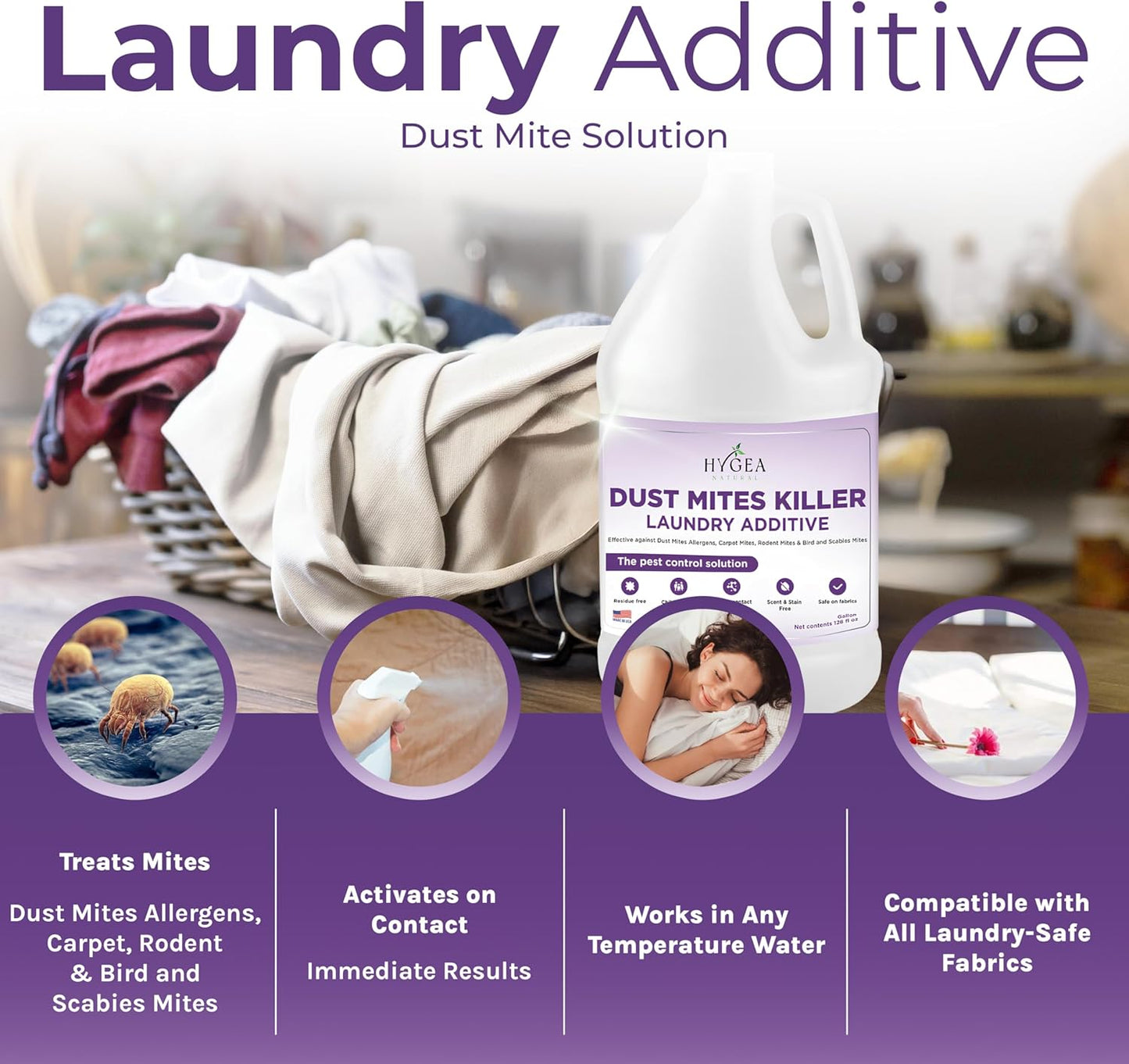 Hygea Natural Dust Mite Laundry Additive - Eliminates Dust, Carpet, Rodent, Bird & Scabies Mites - Pet & Child-Friendly, Eco-Friendly for Bedding, Clothing, Linens - 128oz
