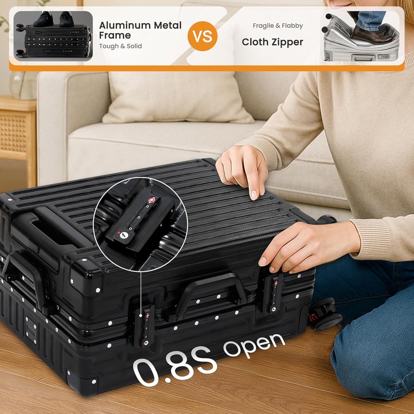 26 Inch Checked Luggage with Spinner Wheels, No Zipper Aluminum Frame Hard Shell Suitcases with TSA Lock, PC+ABS Lightweight Large Suitcase for Travel (Black)