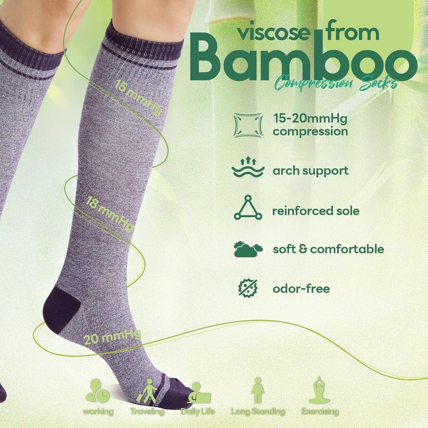 Compression Socks Women & Men, 15-20 mmHg Bamboo Viscose Knee High Soft Support for Flying Travel Daily