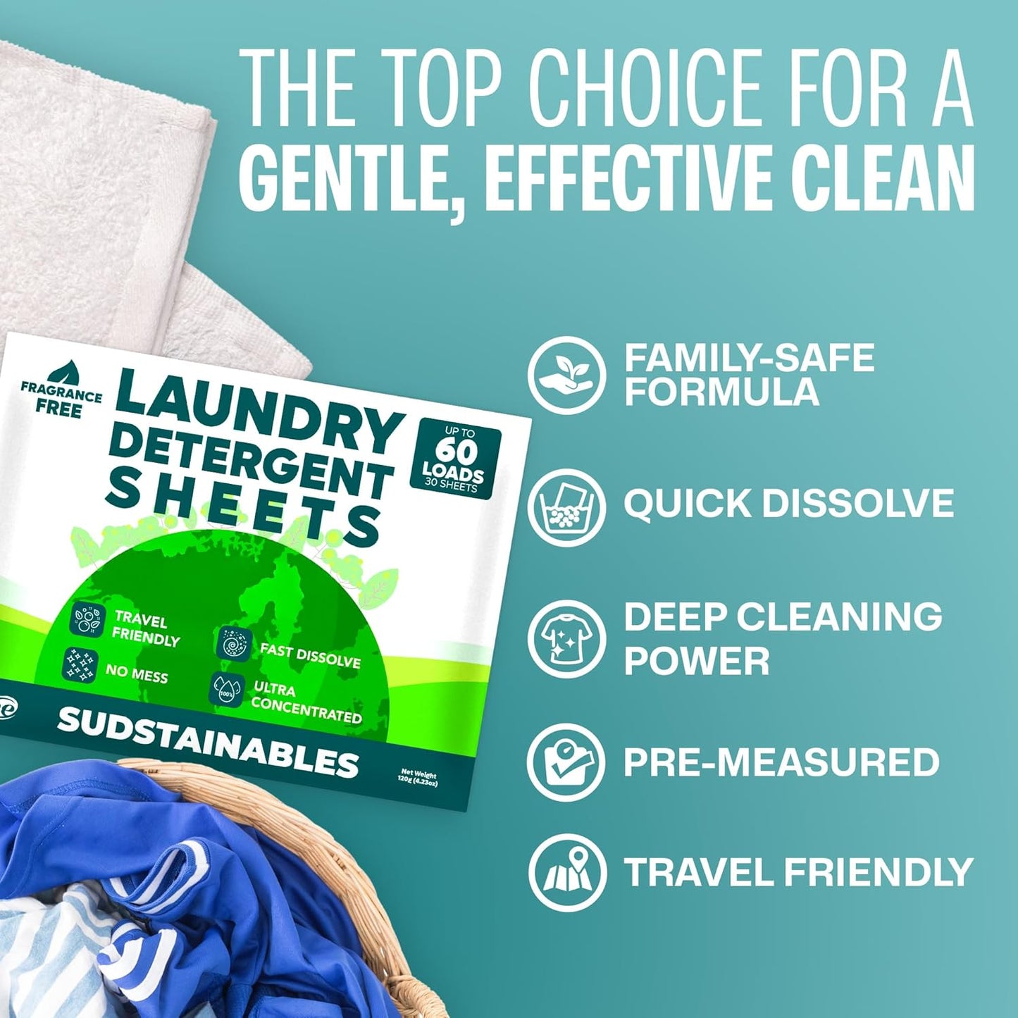 Sudstainables Laundry Detergent Sheets 60 Loads – Dissolvable Laundry Sheet for Washing Machines, Compact Alternative to Liquid & Powder Detergent, Travel-Friendly Soap | Fragrance Free