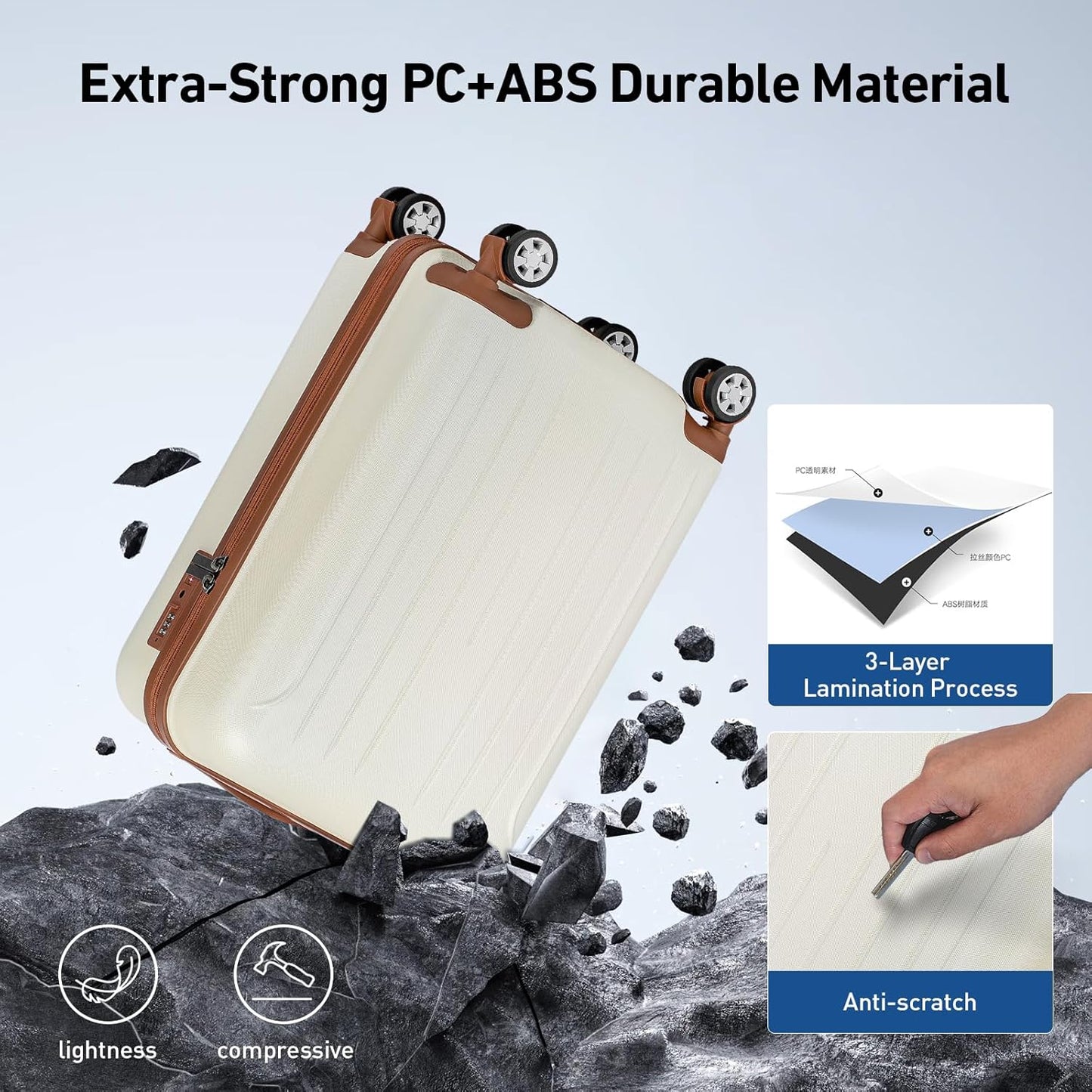 KYME Luggage Sets 2 Piece Hardshell 20"/24" Suitcase with Double Spinner Wheels Hardside Suitcases Sets with TSA Lock PC+ABS Travel Luggage (Beige, 2Pcs Set(20"/24"))