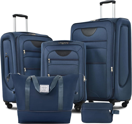 Merax Softside Luggage Set 3 Piece Suitcase with Duffel Bag Spinner Wheels Lightweight Expandable Travel Luggage 22" 26" 30",Deep Blue