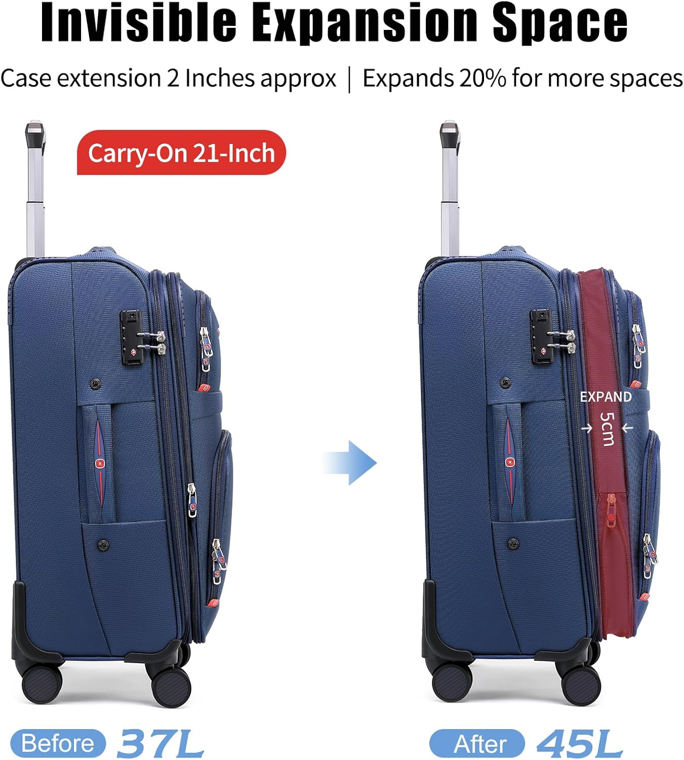 Softside Expandable Luggage with 4 Spinner Wheels, Durable Carry-On Luggage Suicase (Blue, 21-Inch)