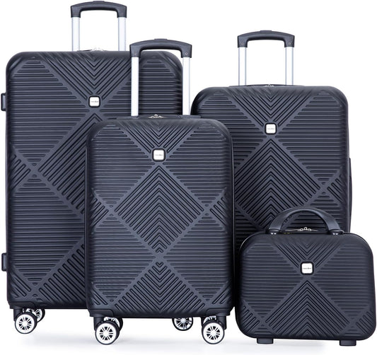 Luggage 4 Piece Set, Hardshell ABS Suitcase Set with Double Spinner Wheels, Lightweight Suitcase, Carry On and Checked Travel Luggage,Dark Black