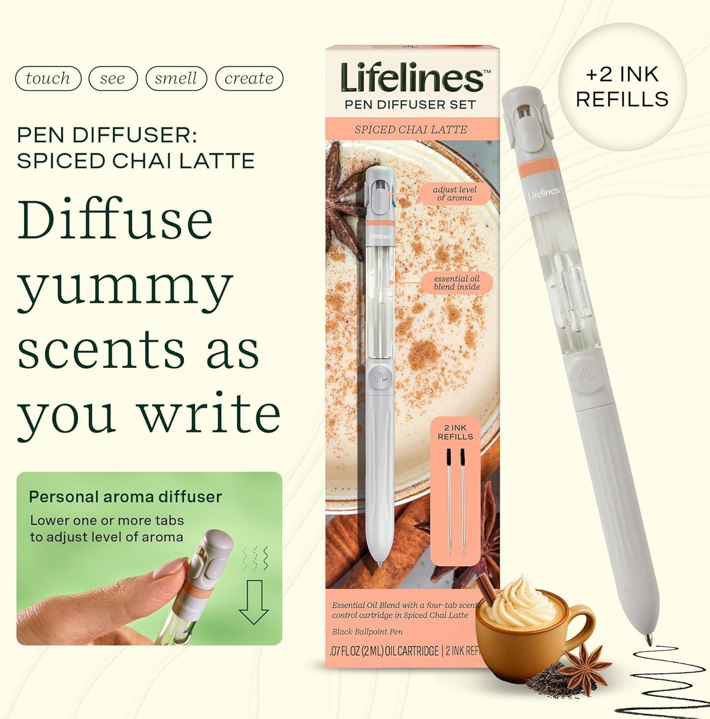 Lifelines Pen Diffuser Set, Spiced Chai Latte - 1mm Black Ballpoint Pen with Scented Essential Oil Blend & 2 Ink Refills – Aromatherapy Diffuser & Sensory Immersion Diffuse Aroma As You Write