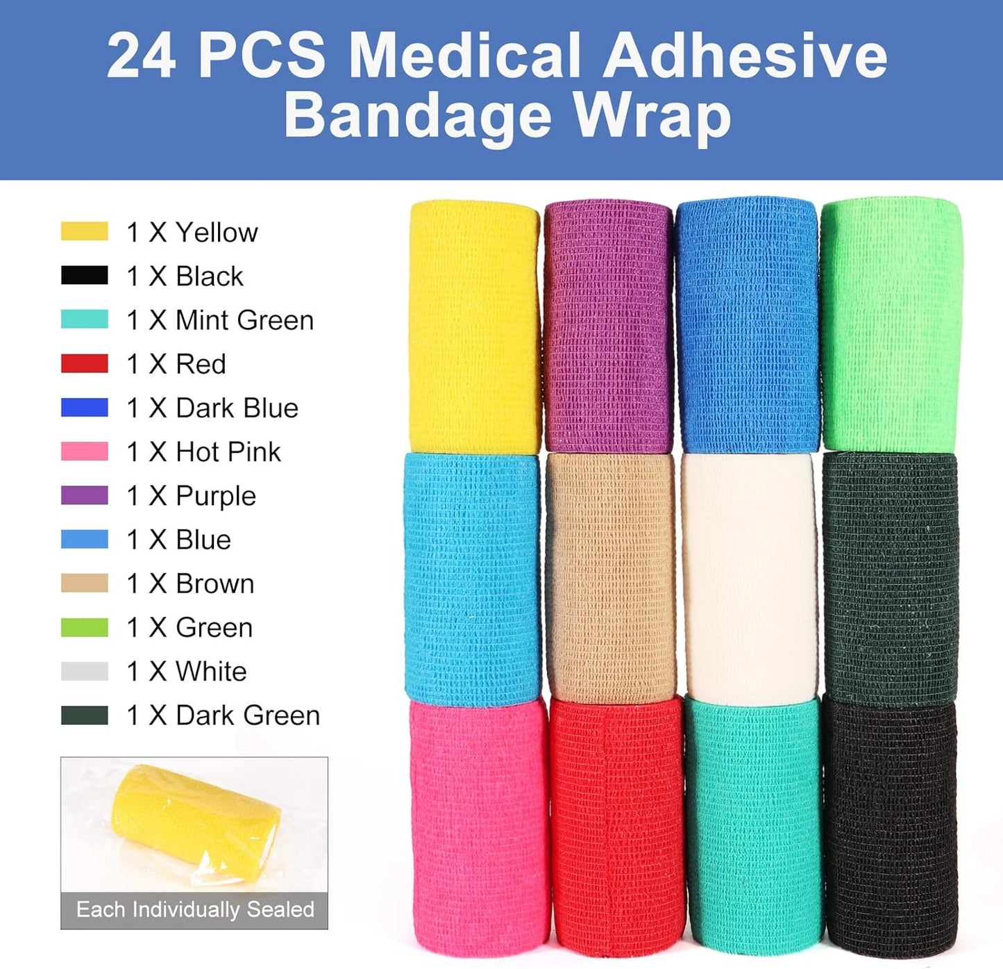 LDIWEE 24 Pack Self Adhesive Bandage Wrap 4 inch, Elastic Cohesive Bandage Wrap Vet Wrap for Dogs, Grip Tape for Athletic, Sports, Wrist, Ankle Sprains, Swelling
