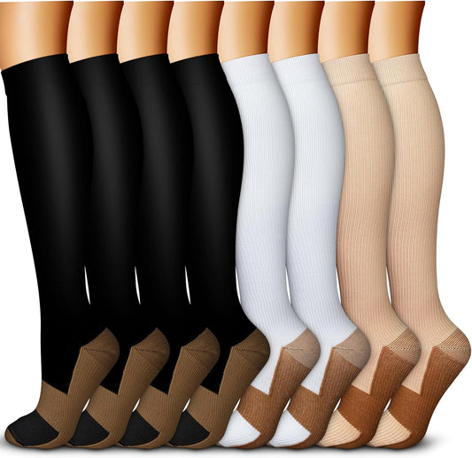 QUXIANG Copper Compression Socks for Women & Men Circulation (8 Pairs) - Best for Running Athletic Cycling - 15-20 mmHg