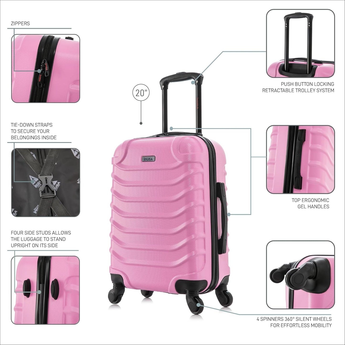 InUSA ENDURANCE Luggage with Spinner Wheels | Durable Lightweight Hardshell Suitcase, Spacious Travel Bag with Handle and Trolley | 20-Inch Carry On Small Luggage | Pink