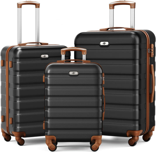 Suitour Luggage 3 Piece Sets Hard Shell Luggage Set with Spinner Wheels, TSA Lock, 20 24 28 inch Travel Suitcase Sets (Black Brown)