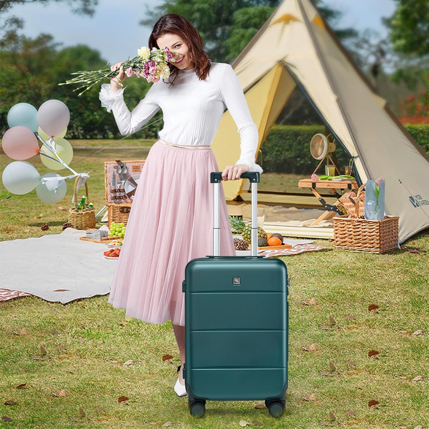 Hanke 24 Inch Checked Luggage with Spinner Wheels Hard Shell Suitcases Lightweight Travel TSA Luggage for Women Men Medium Suitcase(Blackish Green)