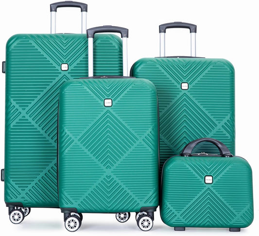 Luggage 4 Piece Set, Hardshell ABS Suitcase Set with Double Spinner Wheels, Lightweight Suitcase, Carry On and Checked Travel Luggage, Dark Green