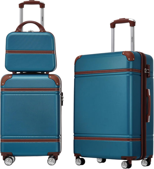 Merax Luggage Set 2 Piece Suitcase Set with Cosmetic Case Expandable Spinner Wheels Vintage Luggage Sets(Blue, 20"+24")