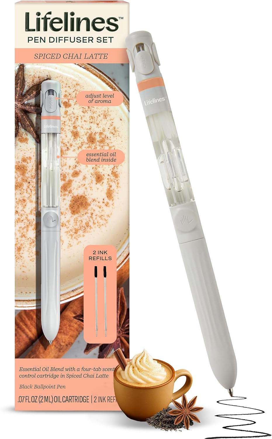 Lifelines Pen Diffuser Set, Spiced Chai Latte - 1mm Black Ballpoint Pen with Scented Essential Oil Blend & 2 Ink Refills – Aromatherapy Diffuser & Sensory Immersion Diffuse Aroma As You Write