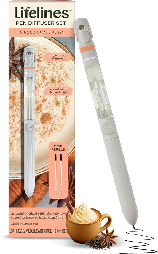 Lifelines Pen Diffuser Set, Spiced Chai Latte - 1mm Black Ballpoint Pen with Scented Essential Oil Blend & 2 Ink Refills – Aromatherapy Diffuser & Sensory Immersion Diffuse Aroma As You Write