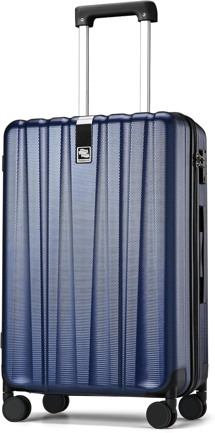 Hanke 24 Inch Luggage Suitcases With Spinner Wheels Lightweight PC Hard Shell Rolling Suitcase With Travel Locks,Checked-Medium 24-Inch(Dark Blue)