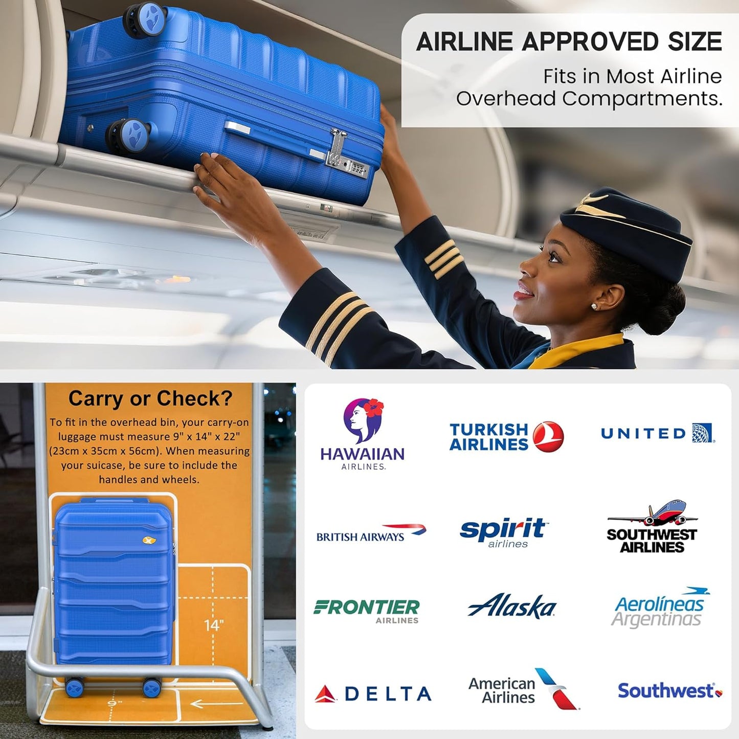 MGB Carry On Luggage 22x14x9” Airline Approved with TSA Lock,20 Inch Lightweight Luggage with Spinner Wheels,Polypropylene Hard Shell Carry On Suitcases for Men Women, Weekender, Ultramarine Blue