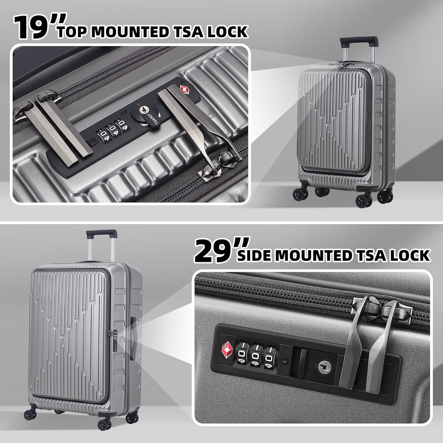 2 Pieces 19/29 Luggage Sets, 19 Inch Carry On Luggage with Front Pocket & 29 Inch Side Opening Suitcase, Ligthweight ABS+PC Hardshell, Gray