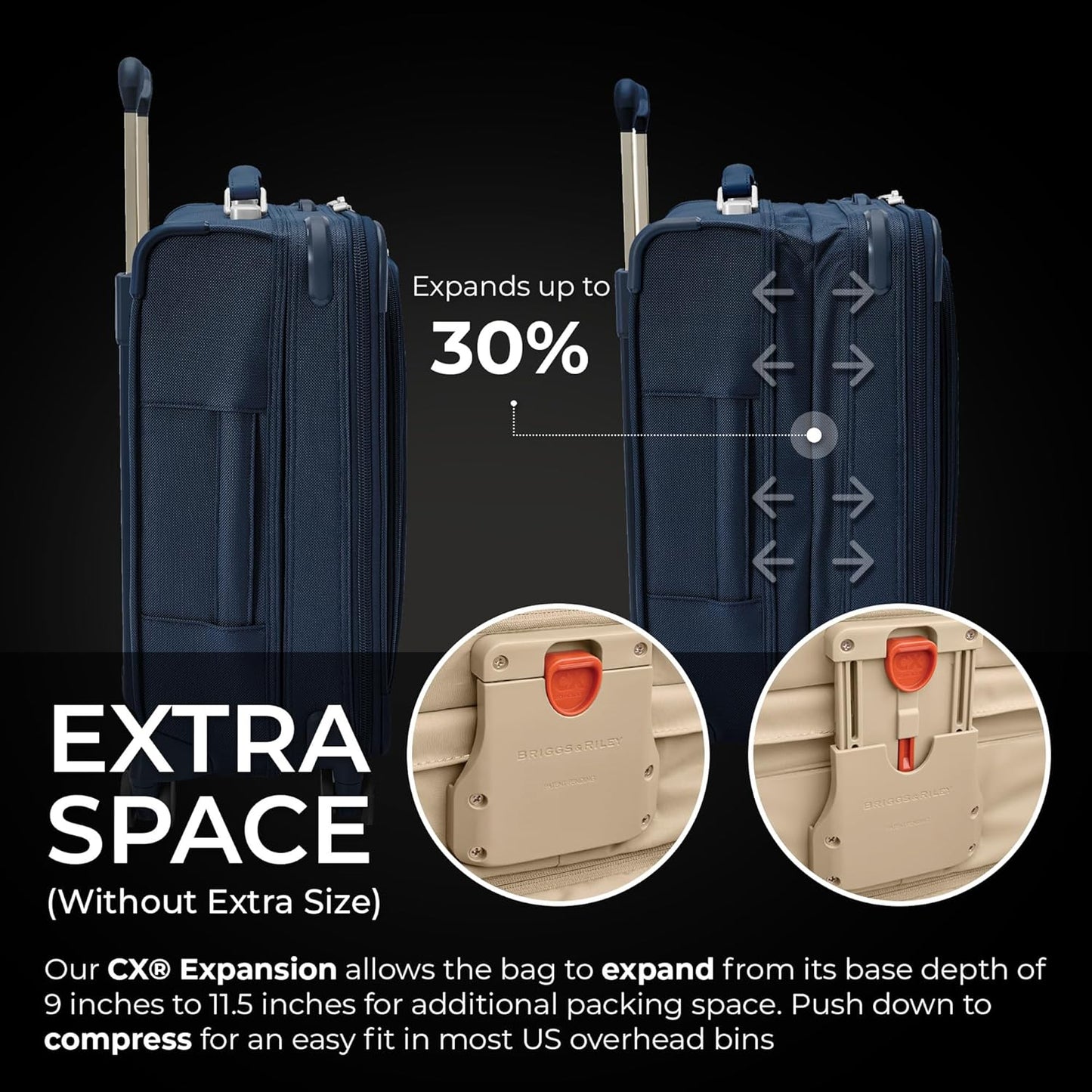 Briggs & Riley Global 21" Carry On Expandable Spinner - Luggage for International Travel, Suitcases with Wheels, Softside Rolling Bag for Men & Women, Self-Repairing Zipper - Baseline Collection, Navy