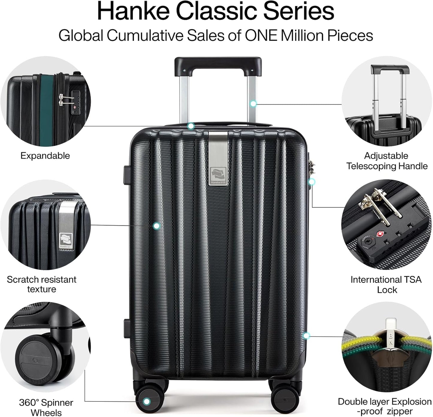 Hanke Expandable Hardshell Luggage Sets 3 piece Carry on Luggage with Wheels Suitcases Lightweight Checked Travel Luggage Rolling Large Suitcase Travel Luggage Bag Woman Men 20/24/29 Inch(Jet Black)
