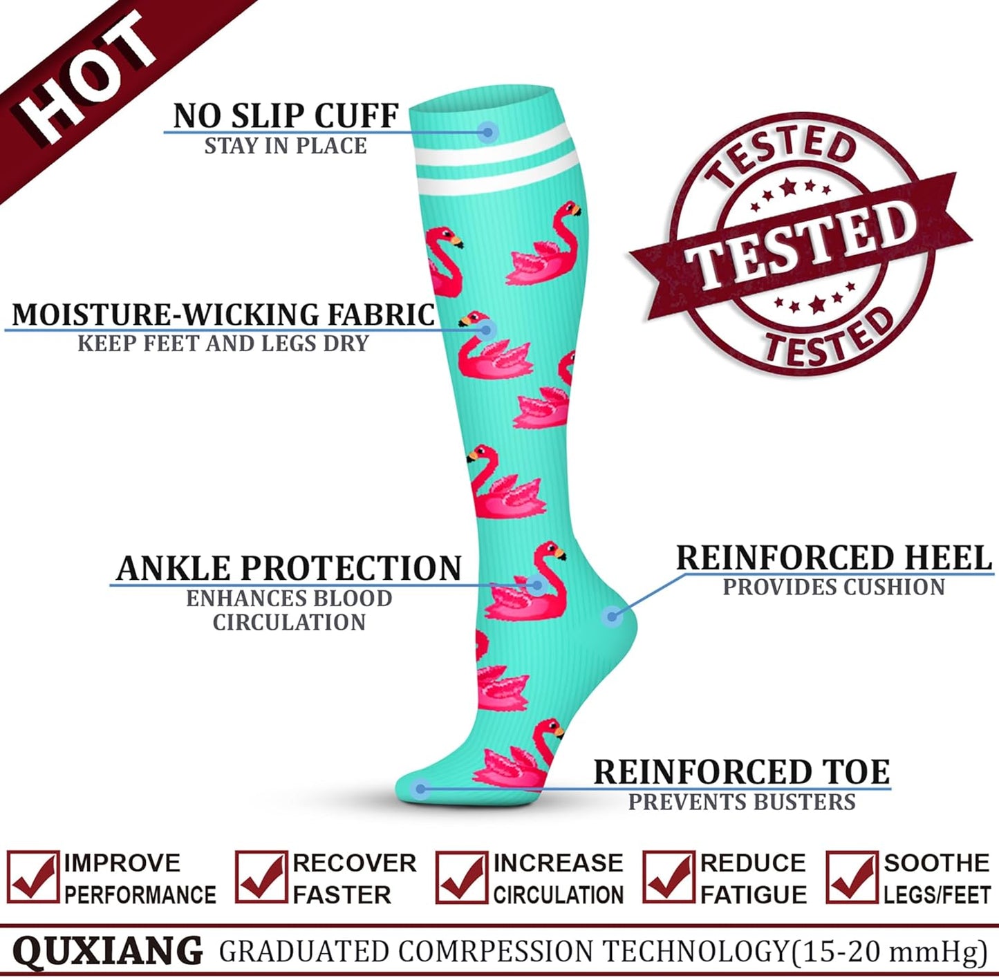 QUXIANG Copper Compression Socks for Women & Men Circulation (8 Pairs) - Best for Running Athletic Cycling - 15-20 mmHg