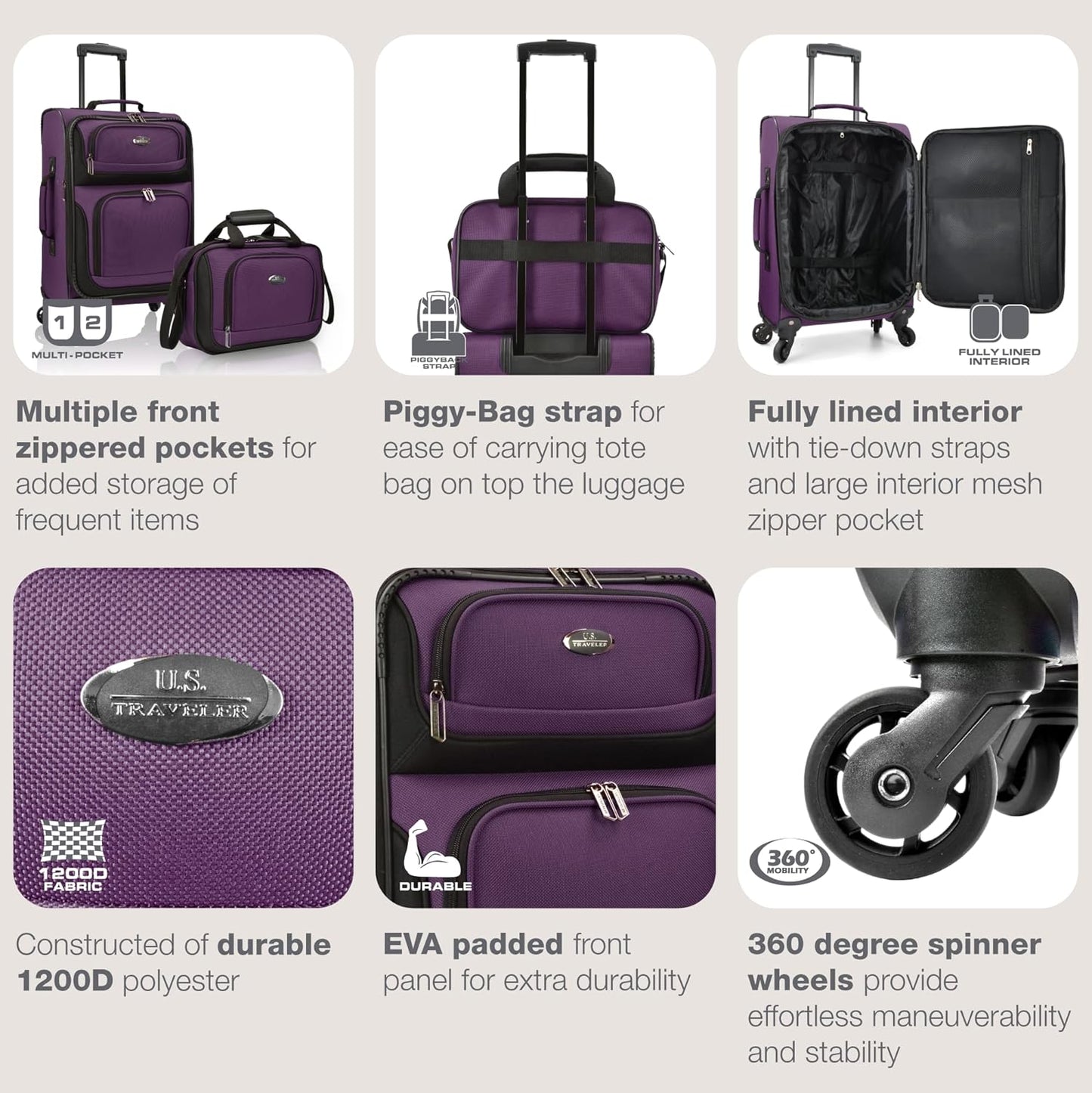 U.S. Traveler Rio Carry-on Luggage, Lightweight Softside Suitcase, Rolling 20" Carry On Luggage
