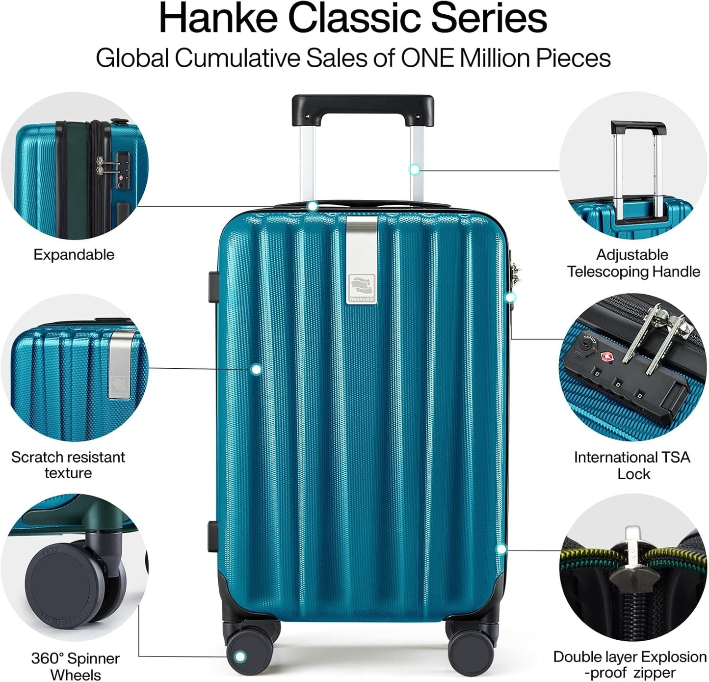 Hanke 24 Inch Expandable Checked Luggage Lightweight PC Hard Case Luggage Suitcases with Wheels Tsa Luggage Rolling Large Suitcase Travel Luggage Bag for Go to University.(Caribbean Blue)