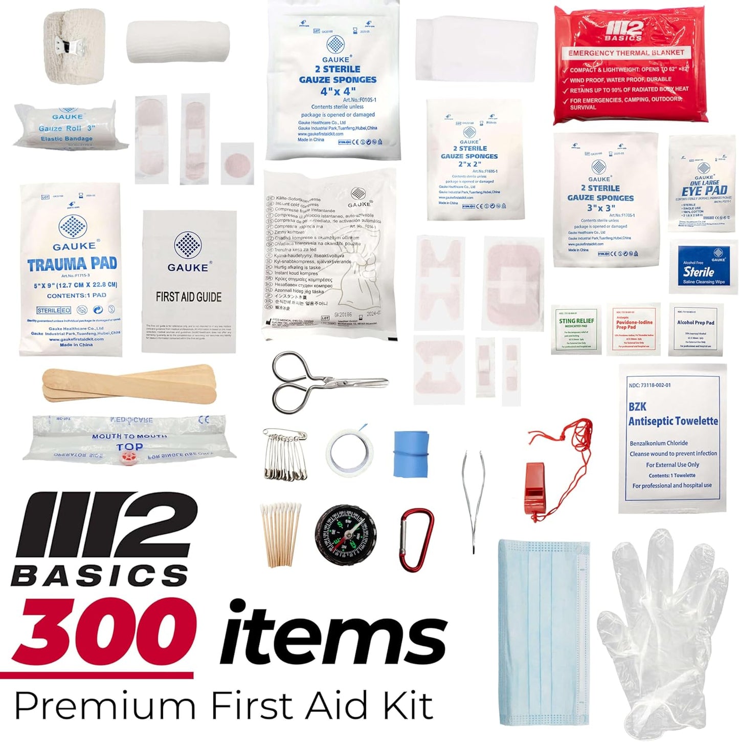 M2 BASICS Premium First Aid Kit (300 Pieces, 40 Unique Items) First Aid Kit for Home, Car, Vehicles, Business, Travel, Outdoors, Camping, Travel Sports – Durable Bag, Emergency Medical Supplies
