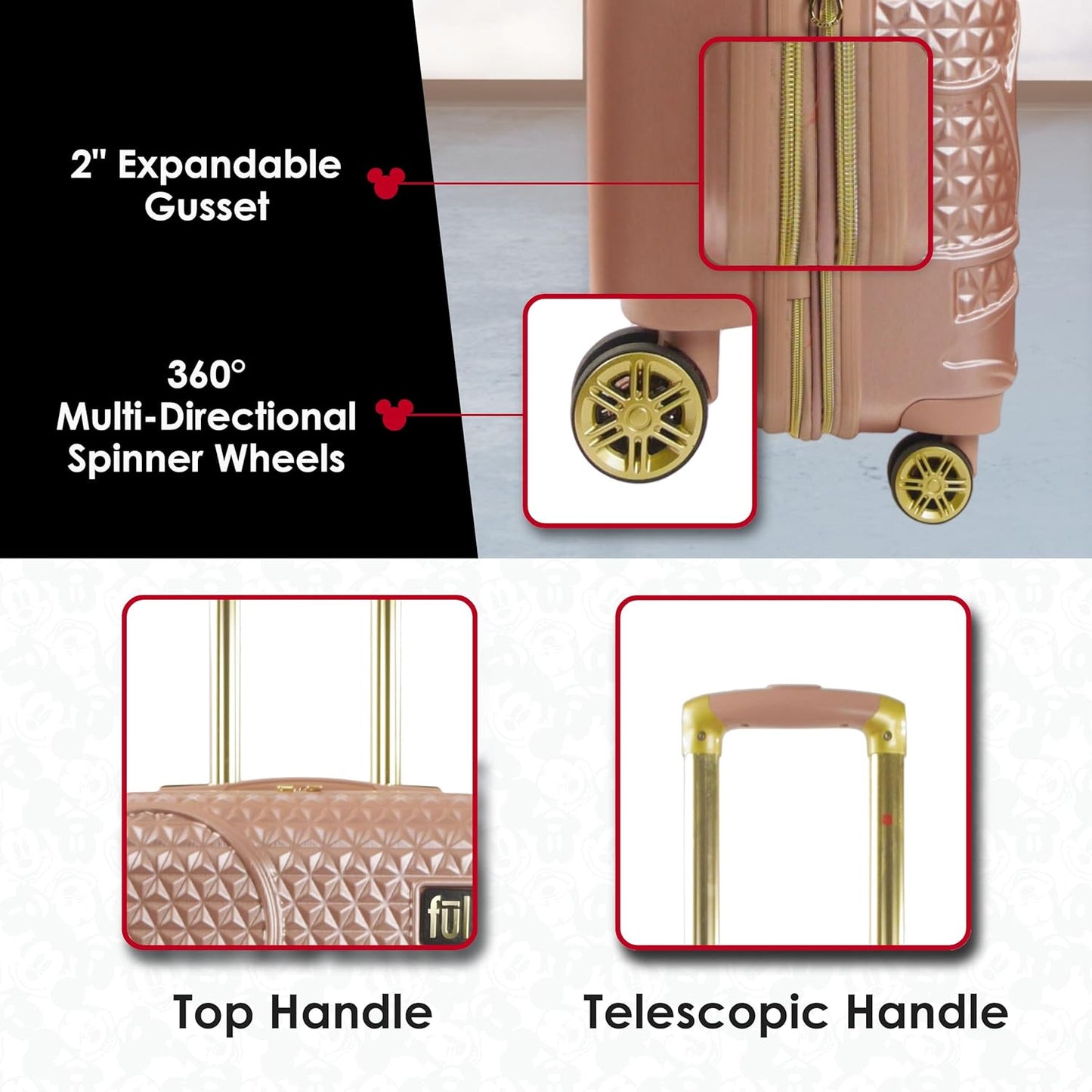 FUL Disney Mickey Mouse Rolling Luggage, Hardside Suitcase with Spinner Wheels, Rose Gold, 25 Inch