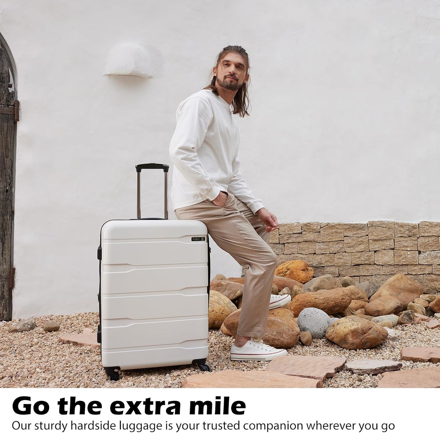 Coolife 3-Piece Luggage Set with Expandable 28-Inch Suitcase, PC+ABS Spinner (20/24/28 Inch, White)