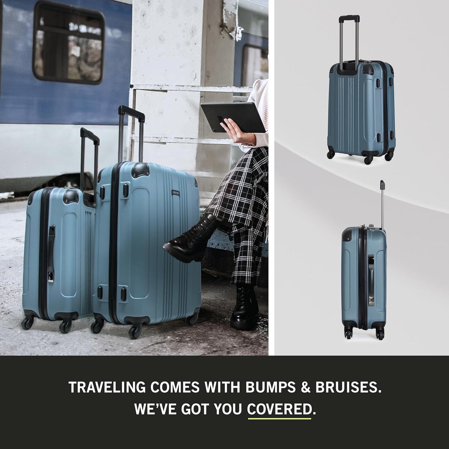 Kenneth Cole REACTION Out of Bounds Lightweight Hardshell 4-Wheel Spinner Luggage, Granite Blue, 2-Piece Set (20" & 28")