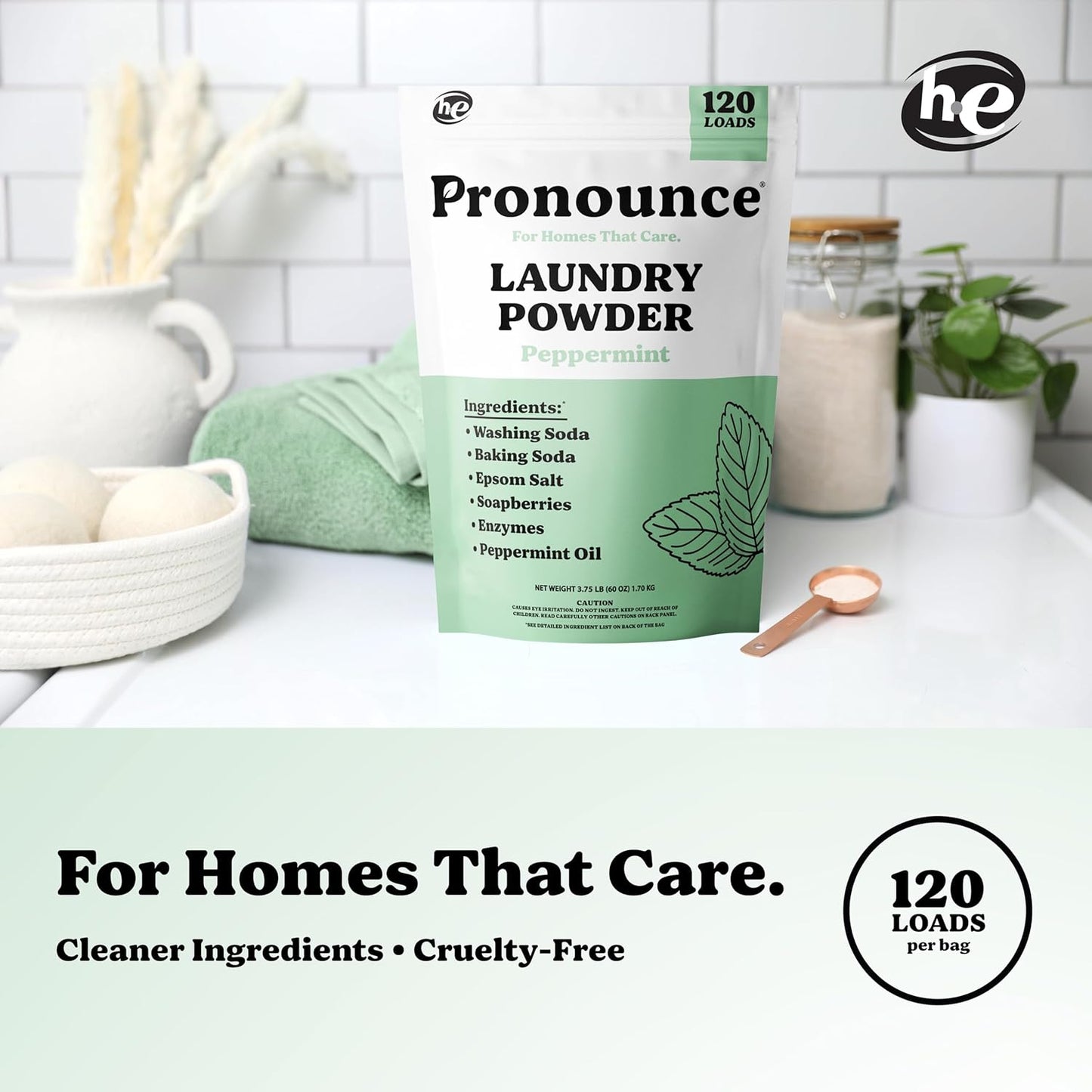 Pronounce Laundry Detergent Powder Alternative | Non-Toxic, Eco-Friendly, Natural for Sensitive Skin, Eczema, and Babies. Stain + Smell Fighting. HE Safe (Peppermint, 120 Loads)