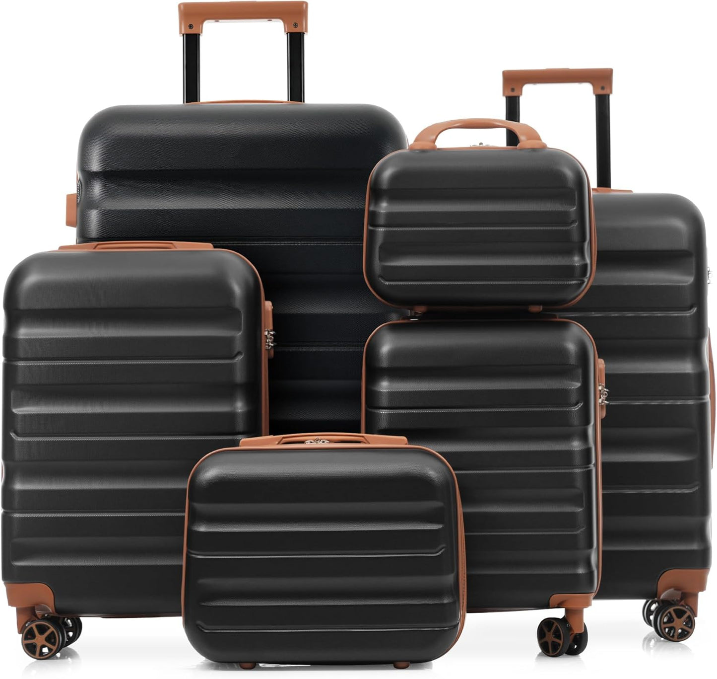 Merax Luggage Set 6 Piece, Hardshell ABS Suitcases with 8 Silent Spinner Wheels, Durable and Lightweight Travel Luggage for Family Trips, Black Brown