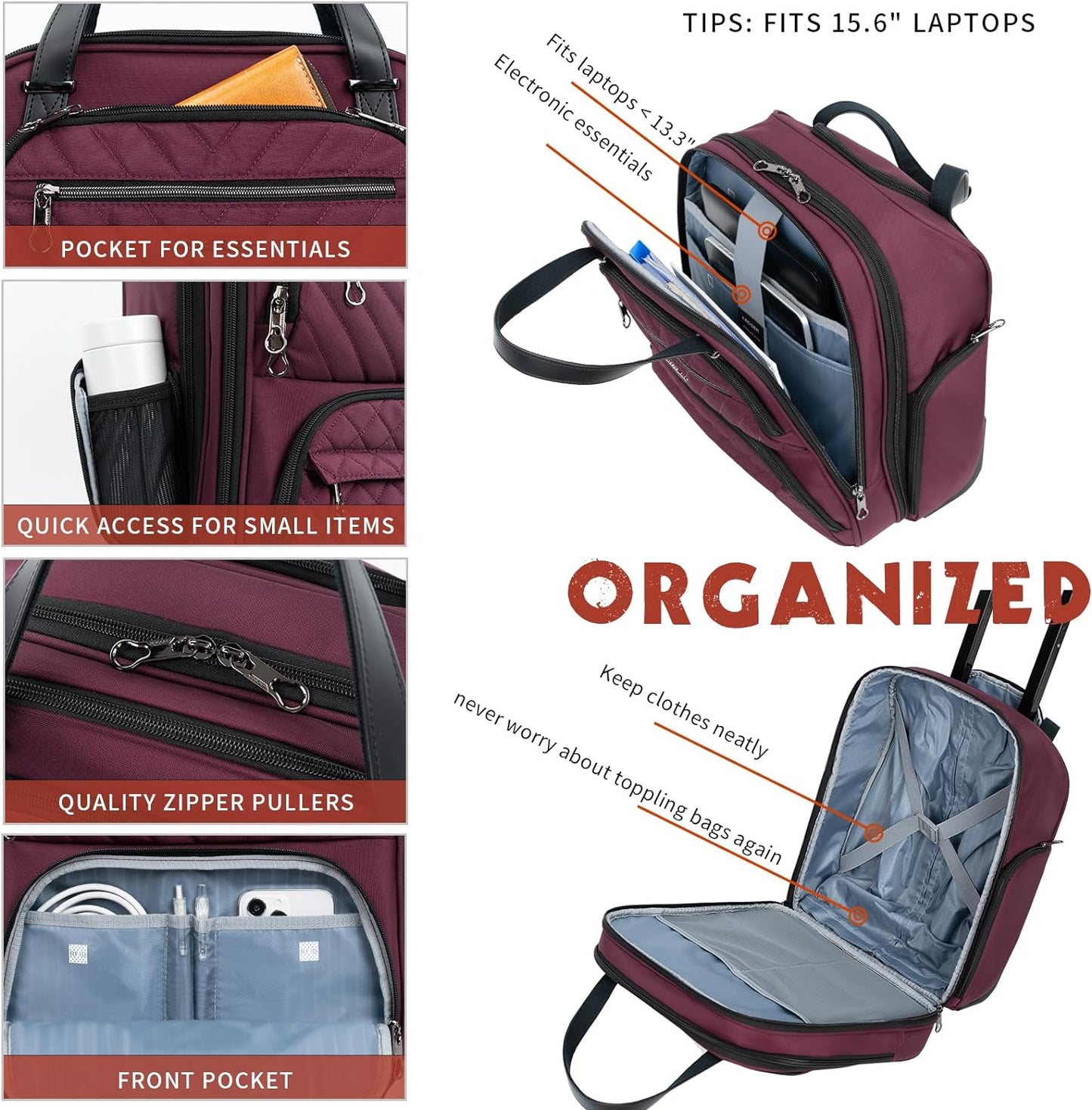 KROSER Carry On Underseat Multi-functional, 16-inch Underseater Lightweight Overnight Suitcase for Women, Burgundy