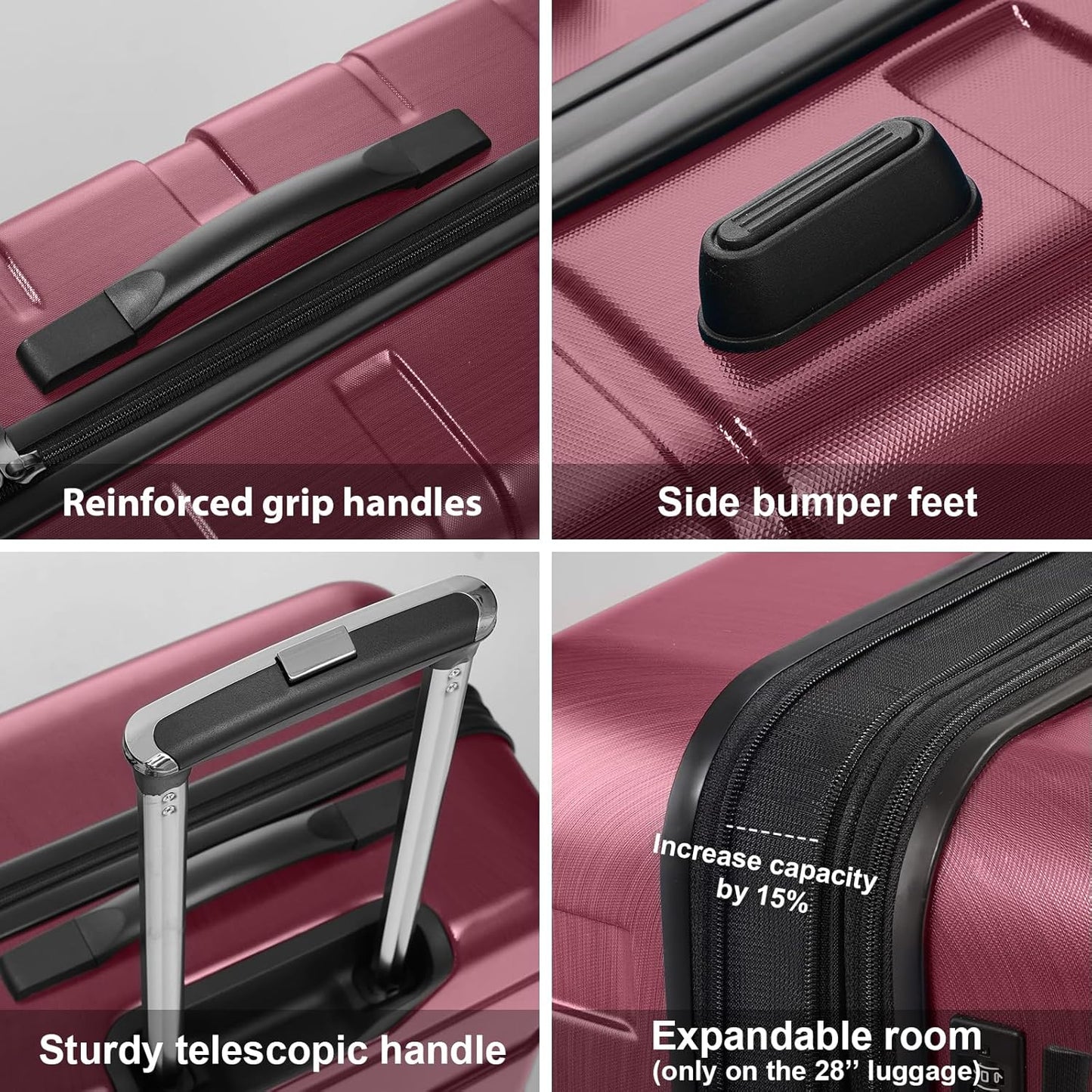 Coolife 3-Piece Luggage Set with Expandable 28-Inch Suitcase, PC+ABS Spinner (20/24/28 Inch, Radiant Pink)