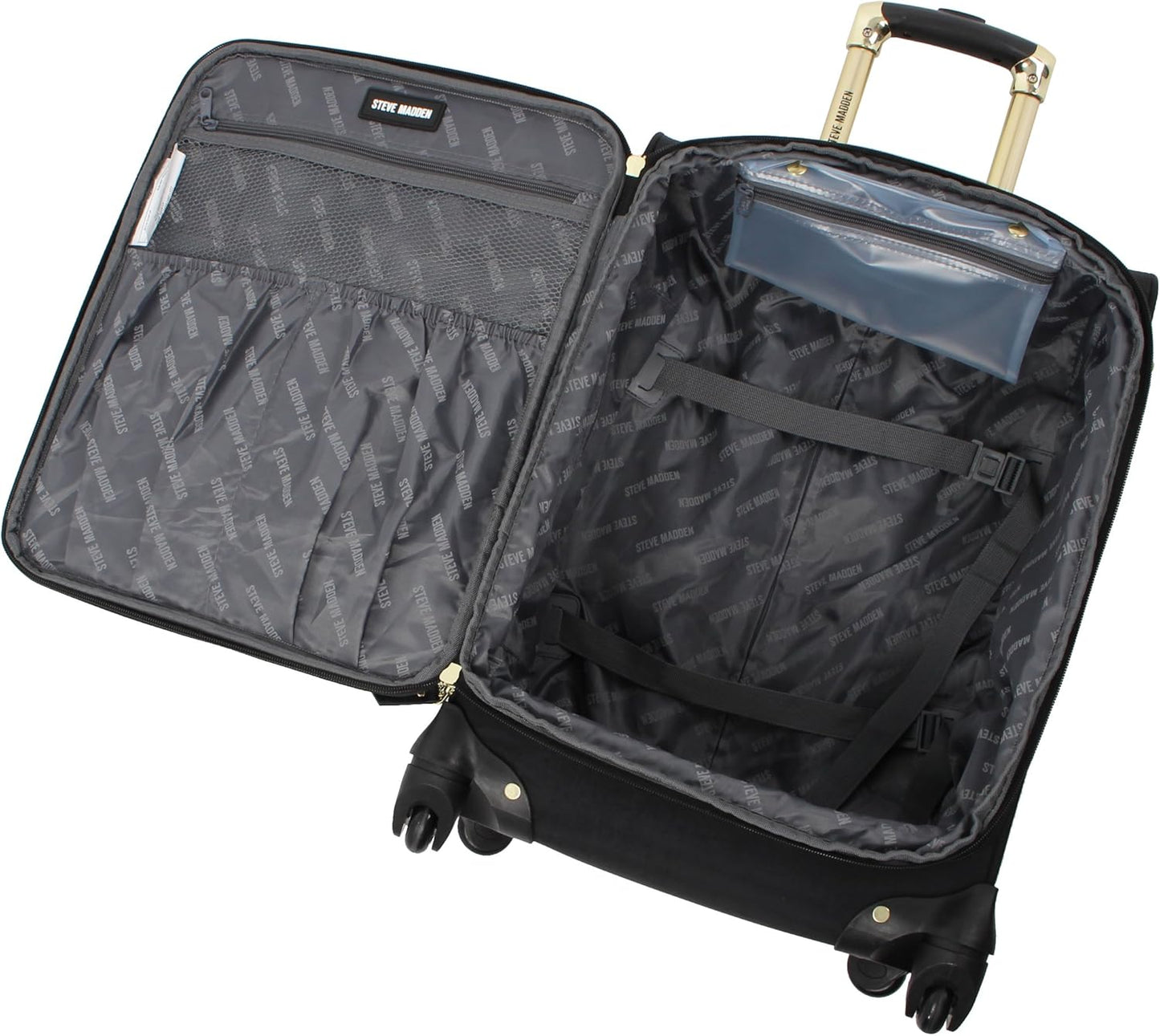 Steve Madden Designer Luggage - Checked Large 28 Inch Softside Suitcase - Expandable for Extra Packing Capacity - Lightweight Bag with Rolling Spinner Wheels (Peek-A-Boo Black)
