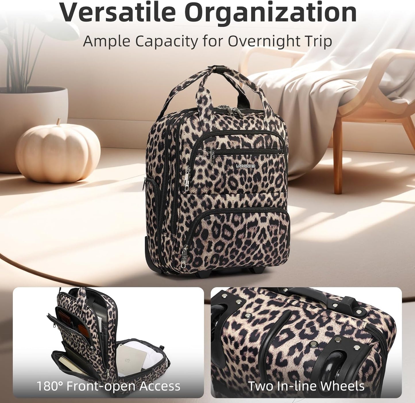 LARVENDER Underseat Carry On Luggage with Wheels Softside 16-inch Underseater Luggage Lightweight Overnight Suitcase for Men Women, Leopard, 3 Piece (16/BP/TB)