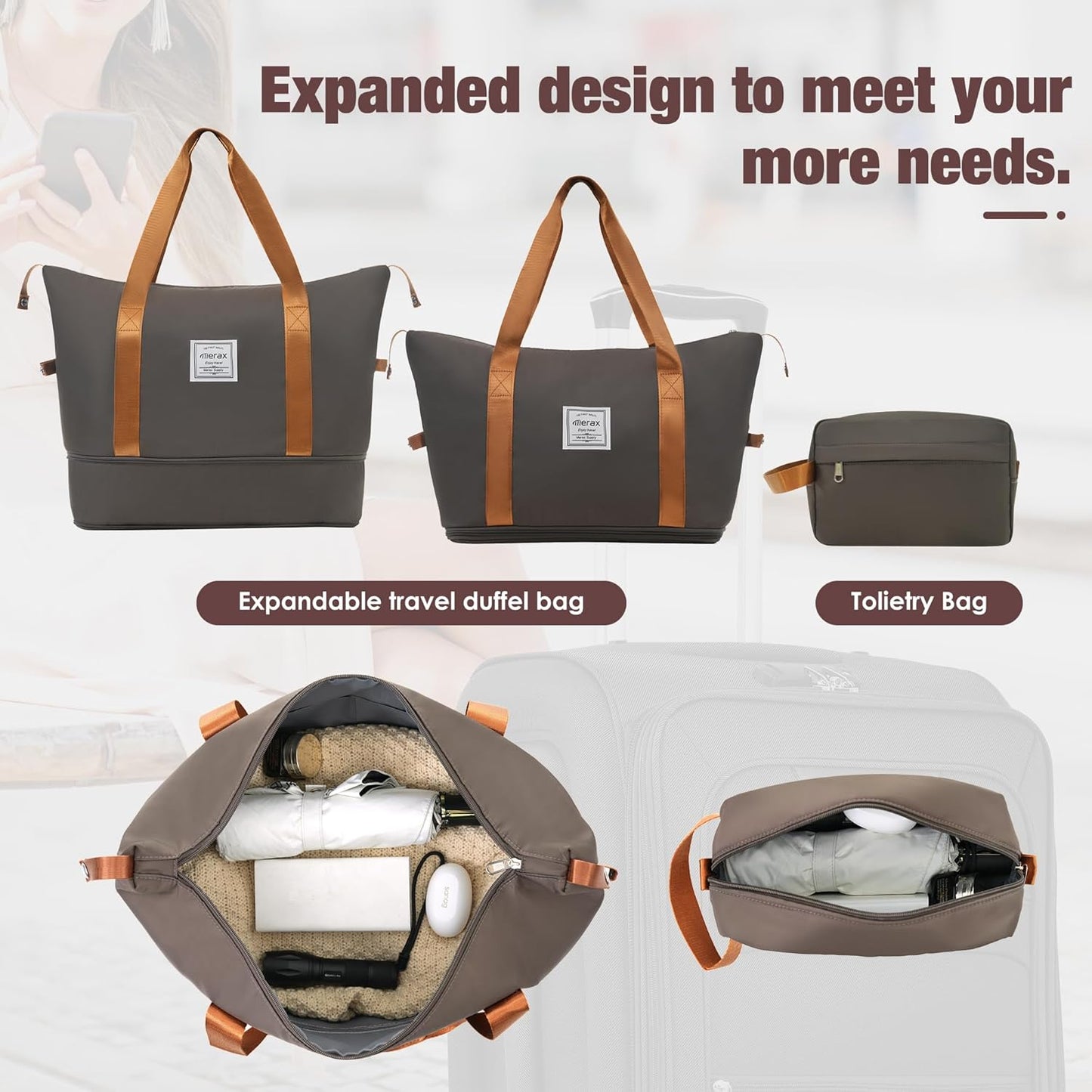 Merax Softside Luggage Set Softshell Lightweight 3 Piece Spinner Suitcase with Duffel Bag Expandable Upright Travel Luggage 22" 26" 30",Brown