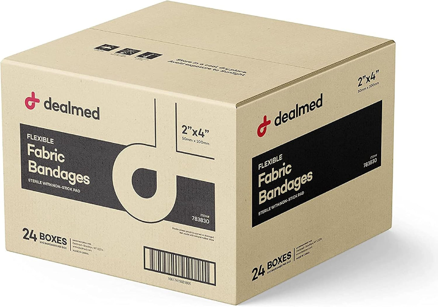 Dealmed Fabric Flexible Adhesive Bandages – 100 Count (24 Pack) Bandages with Non-Stick Pad, Latex Free, Wound Care for First Aid Kit, 2" x 4"