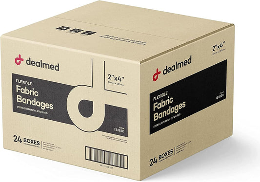 Dealmed Fabric Flexible Adhesive Bandages – 100 Count (24 Pack) Bandages with Non-Stick Pad, Latex Free, Wound Care for First Aid Kit, 2" x 4"