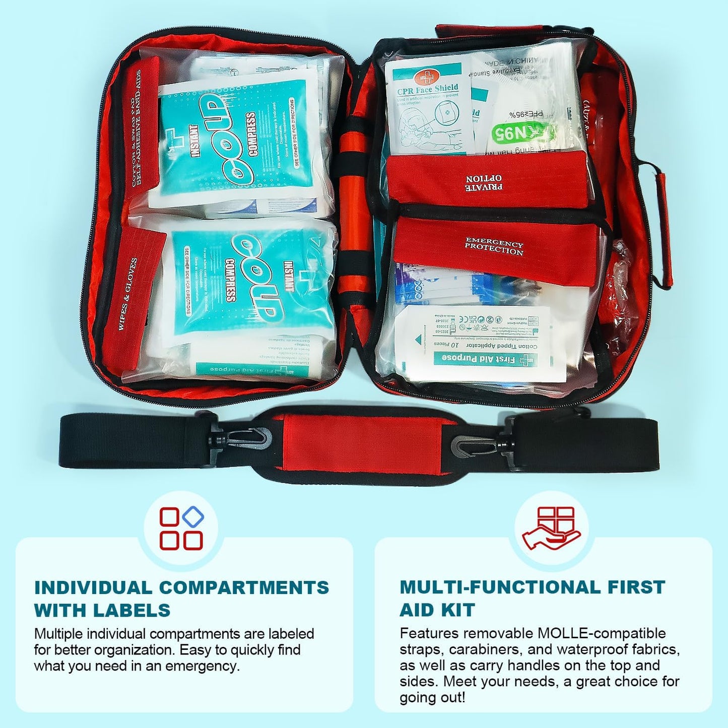 Professional 435 Pieces Large First Aid Kit - Includes Compressed Gauze - Compartments Emergency Medical Kit for Home, Camping, Backpacking, Travel, Boat, Car,Outdoors (Red)
