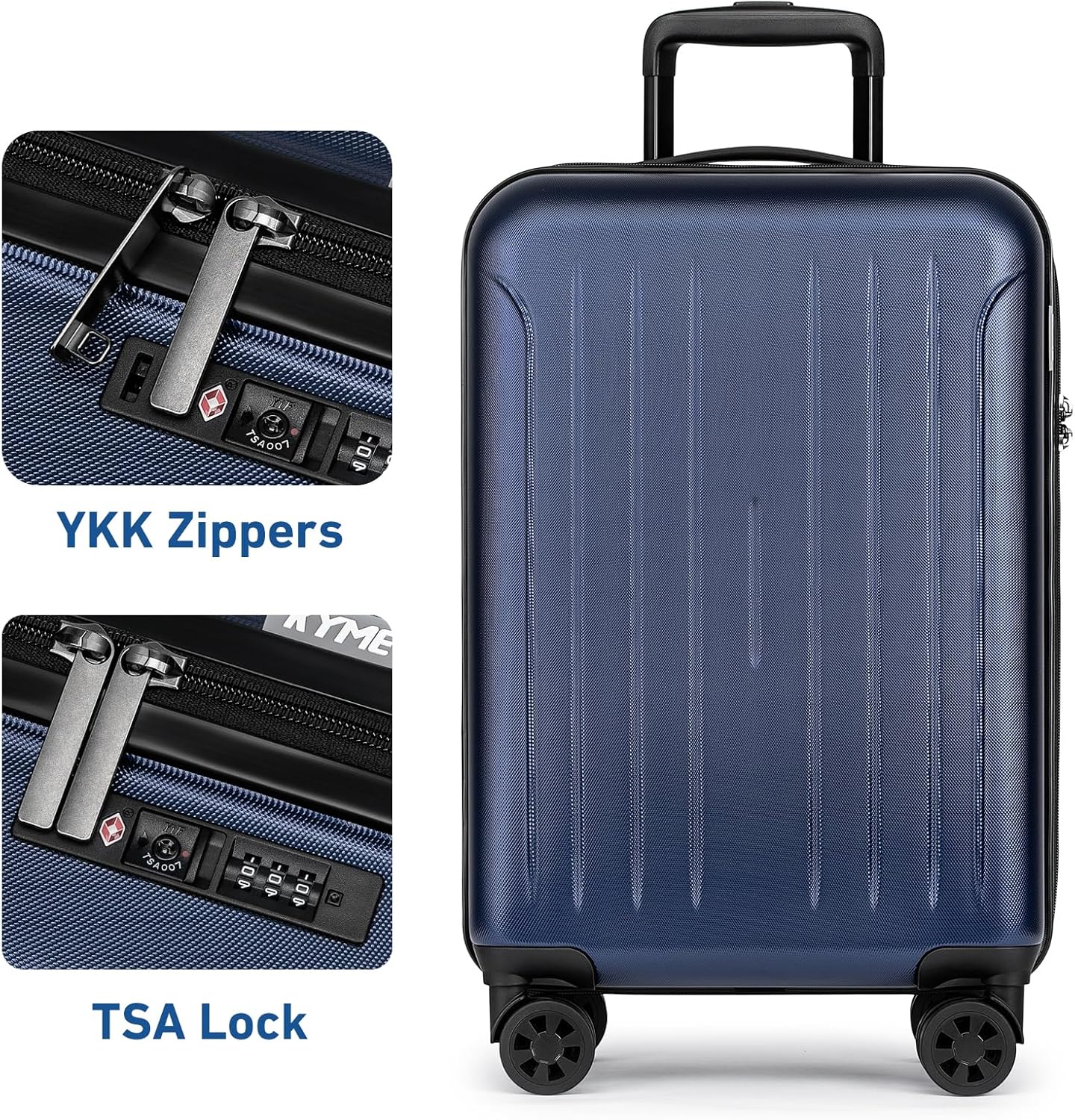 KYME Carry on luggage 22x14x9 Airline Approved Suitcase Hardshell With Double Spinner Wheels, PC+ABS TSA Lock Travel Luggage (Navy Blue, 20" Carry On)