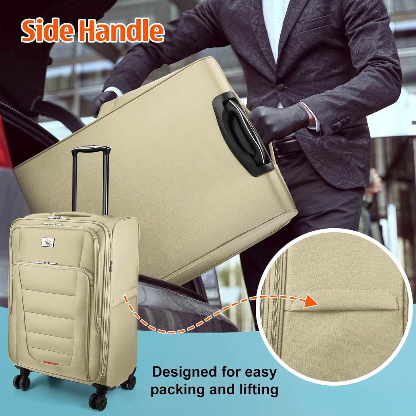 Verdi Luggage 2 Piece Set Suitcase Spinner Wheels Softshell Expandable, Carry On Luggage with USB Port (Khaki, 2-Piece set(20/24))