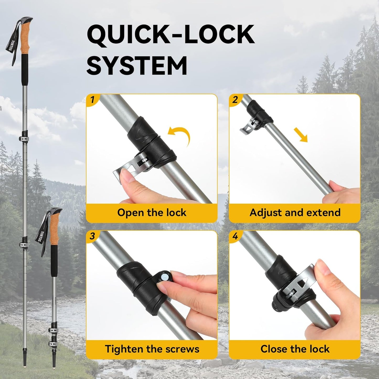 TOBTOS Telescoping Trekking Poles 2 Pack - Adjustable Hiking Sticks & Walking Sticks, 7075 Aluminum with Cork Grips & EVA Handle, Quick Lock Lightweight for Hiking, Walking, Camping