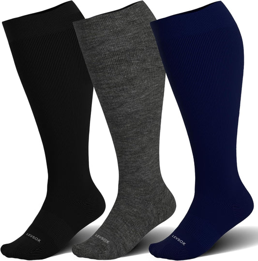 LEVSOX Wide Calf Compression Socks for Women&Men Plus Size 15-20mmHg Knee High Large Support Stockings for Circulation